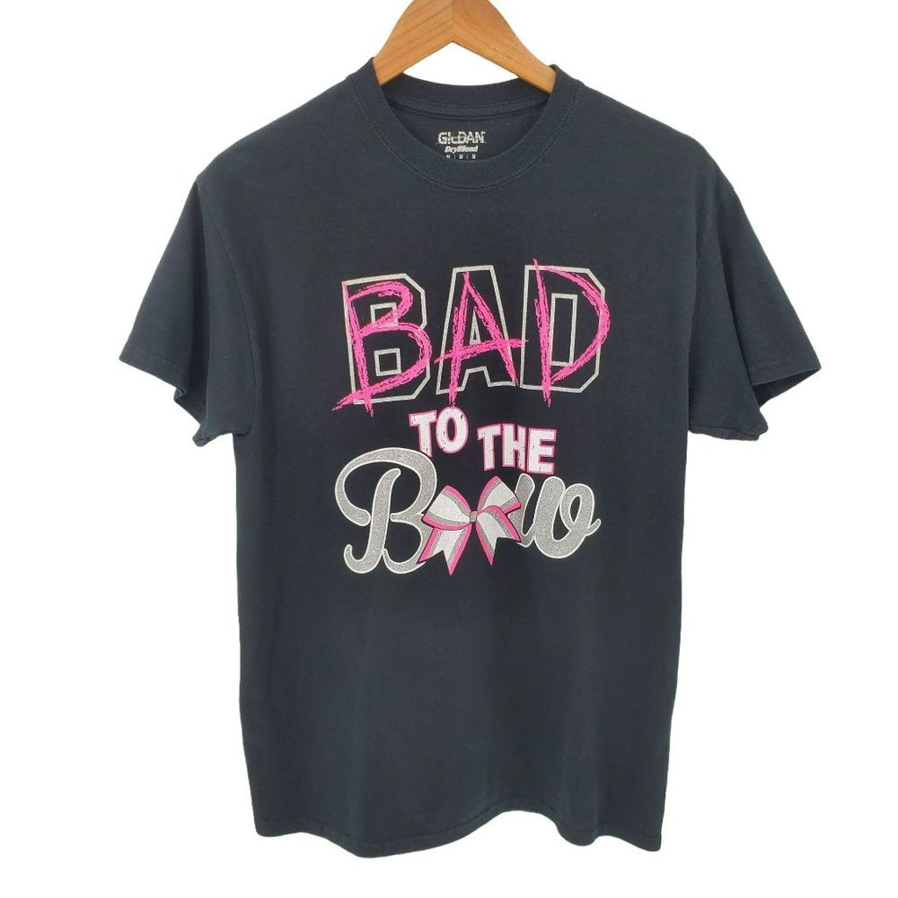 Bad To The Bow Black Pink Breast Cancer Awareness‎ Short Sleeve T-Shirt Tee Sz M